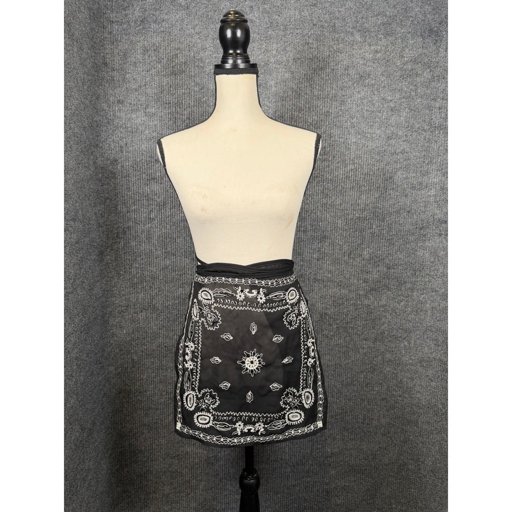 Vintage Y2K Sheer Beaded Boho Festival Bandana Wrap Mini Skirt Sz M Black Sequin